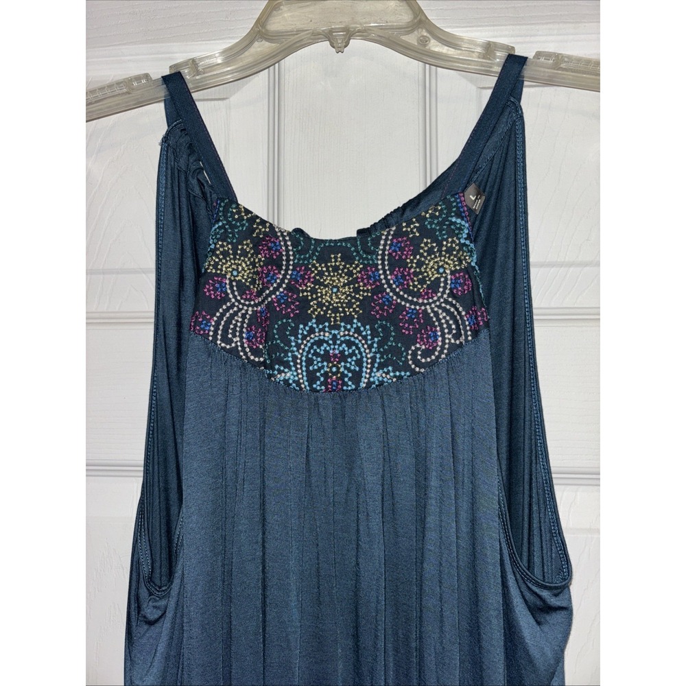 One September Sz L Embroidered Blue Taren Tank Top Halter Flowy Sleeveless